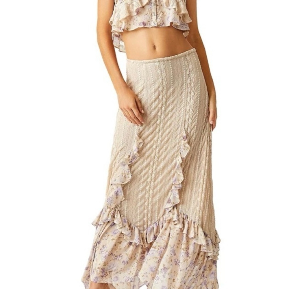 Free People Elegant Cream Floral Maxi Skirt with Floral Top Set